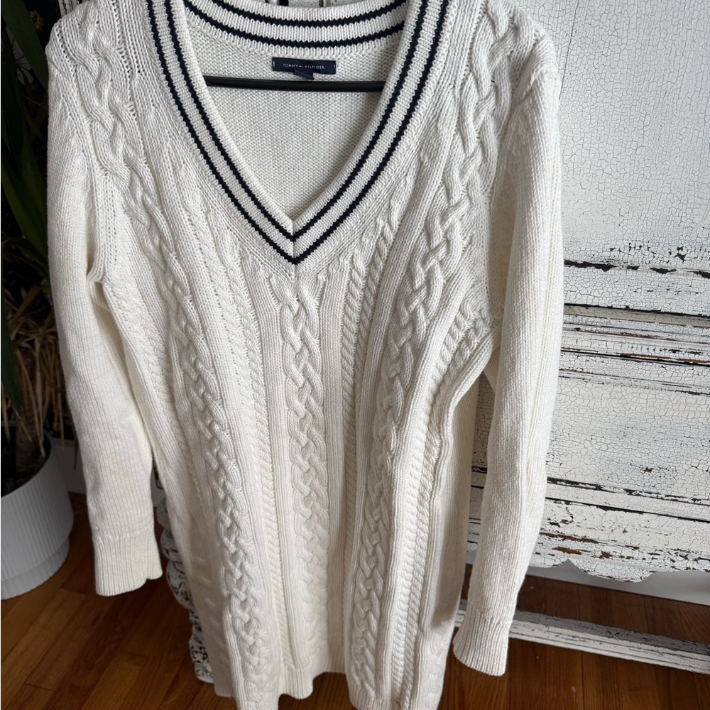 Tommy Hilfiger White V-Neck Sweater with Black Stripes